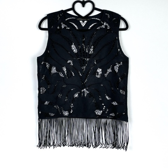 Zara Basic Black Cropped Lace Fringe Hem Sleeveless Boho Top Size XS - Picture 2 of 9